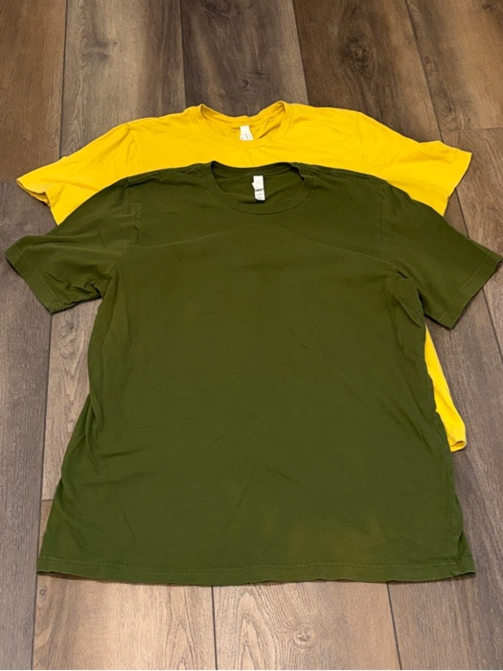 2 Bella Canvas Olive Green and Mustard Yellow Short Sleeve Crew Neck T-Shirts